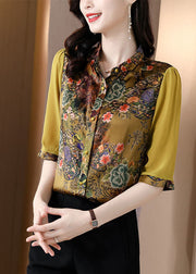 Slim Fit Green Peter Pan Collar Patchwork Print Silk Shirts Half Sleeve