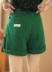 Slim Fit Green Solid Color High Waist Pockets Sashes Cotton Shorts Summer