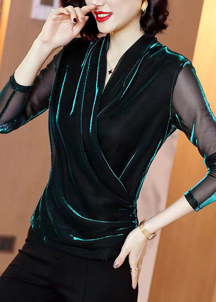 Slim Fit Green V Neck Tulle Tops Long Sleeve