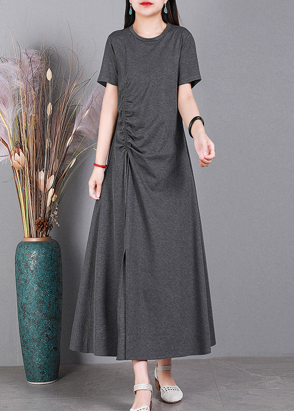 Slim Fit Grey O-Neck Cotton Long Dresses Short Sleeve