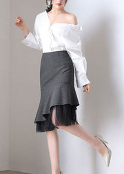 Slim Fit Grey Plaid Ruffles Patchwork Tulle Woolen Wraped Skirt Spring