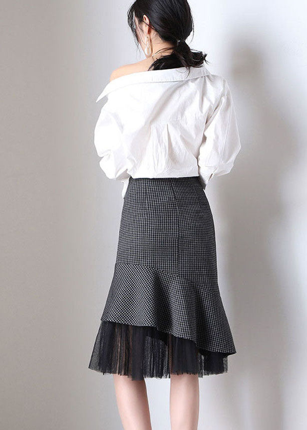 Slim Fit Grey Plaid Ruffles Patchwork Tulle Woolen Wraped Skirt Spring