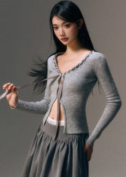 Slim Fit Grey V Neck Silk Ribbon Wool Knit Cardigans Winter