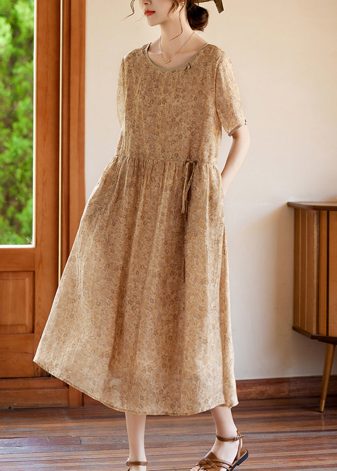 Slim Fit Khaki O-Neck Print Silk Long Dresses Summer