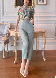 Slim Fit Light Blue Bow Collar Print Draping Chiffon Two Pieces Set Summer