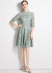 Slim Fit Light Blue Embroideried Patchwork Lace Dress Half Sleeve