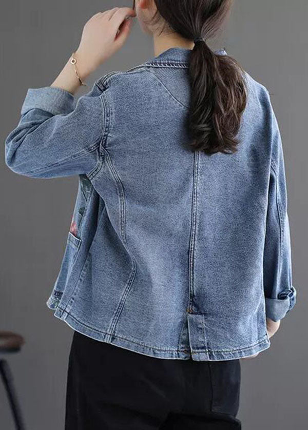 Slim Fit Light Blue Notched Collar Pockets Print Denim Coat Spring