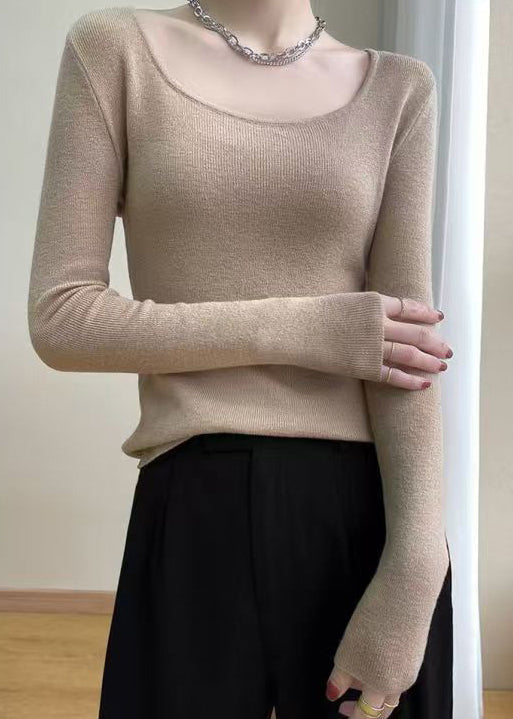 Slim Fit Light Camel O Neck Solid Wool Knit Top Fall