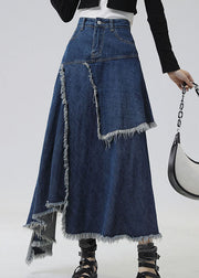 Slim Fit Navy Asymmetrical Patchwork Denim Skirt Summer