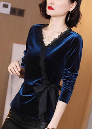 Slim Fit Navy V Neck Lace Patchwork Bow Velour Top Long Sleeve