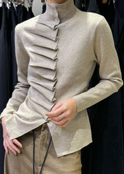 Slim Fit Oatmeal Wrinkled Button Knit Sweater Winte