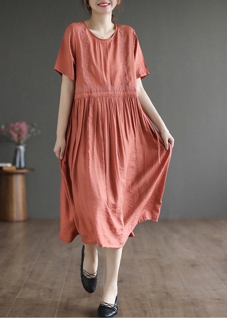 Slim Fit Orange Embroideried Cotton Dresses Summer