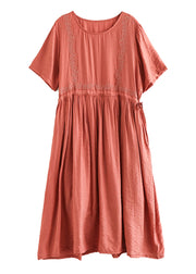 Slim Fit Orange Embroideried Cotton Dresses Summer