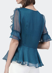 Slim Fit Peacock Blue V Neck Ruffles Solid Color Chiffon Cinch Shirt Top Short Sleeve