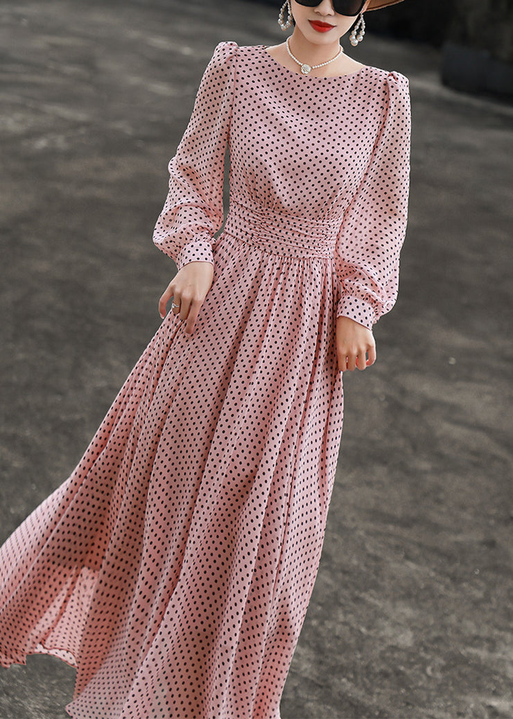 Slim Fit Pink Dot O Neck Chiffon Dresses Long Sleeve