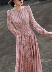 Slim Fit Pink Dot O Neck Chiffon Dresses Long Sleeve