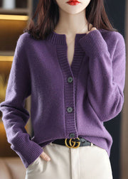 Slim Fit Purple O-Neck Button Thick Woolen Knit Coats Winter