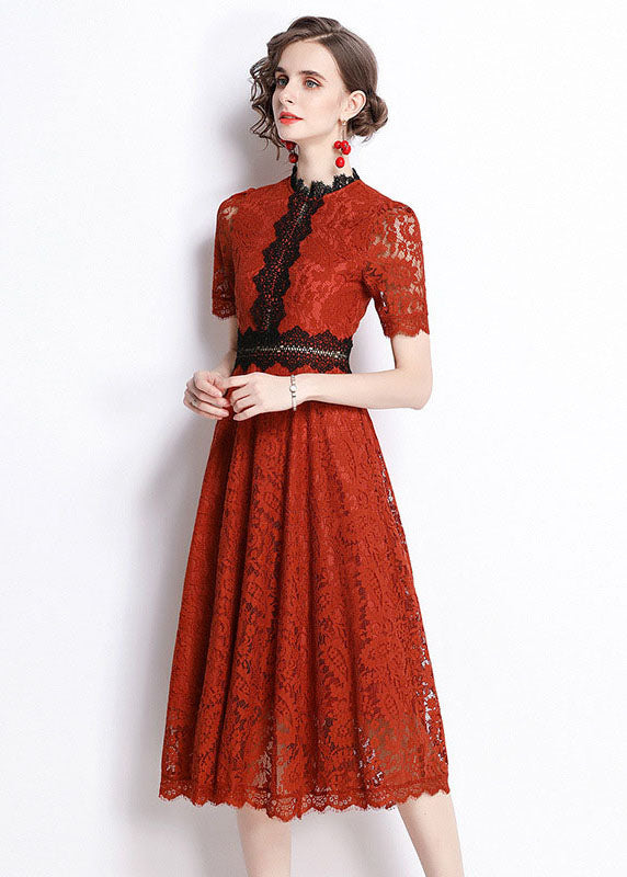 Slim Fit Red Embroideried Hollow Out Patchwork Lace Dress Summer