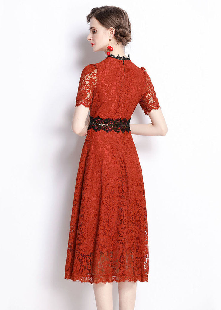 Slim Fit Red Embroideried Hollow Out Patchwork Lace Dress Summer