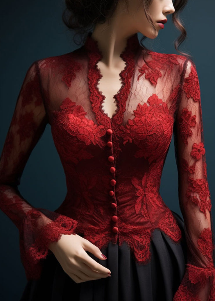 Slim Fit Red V Neck Hollow Out Lace Top Flare Sleeve