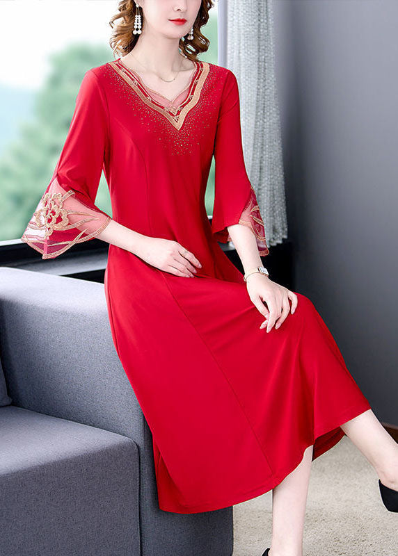 Slim Fit Red V Neck Patchwork Embroideried Silk Dresses Flare Sleeve