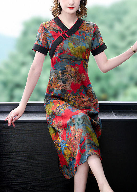 Slim Fit Red V Neck Print Chinese Button Silk Dresses Summer