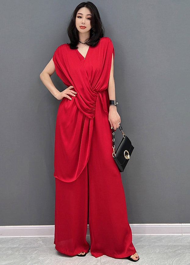 Slim Fit Red V Neck Striped Silk Jumpsuit Pants Summer