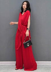 Slim Fit Red V Neck Striped Silk Jumpsuit Pants Summer