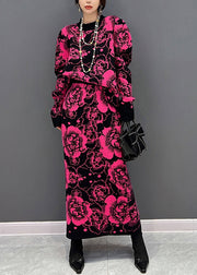 Slim Fit Rose O-Neck Print Top And Maxi Skirts Two Piece Set Fall