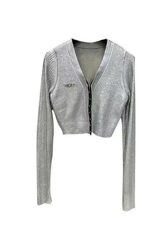 Slim Fit Silvery V Neck Patchwork Knit Tops Long Sleeve