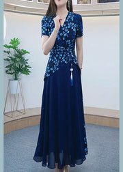 Slim Fit V Neck Asymmetrical Print Patchwork Chiffon Long Dress Summer