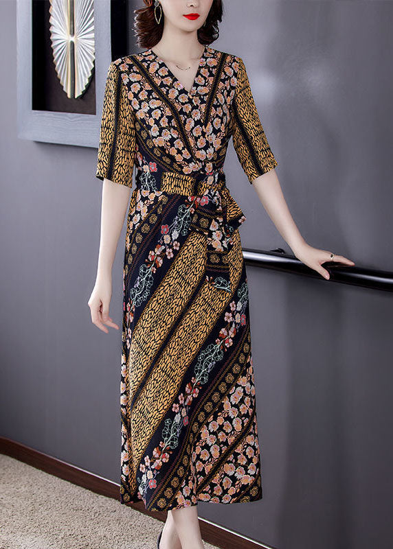 Slim Fit V Neck Cinched Print Chiffon Long Dress Summer