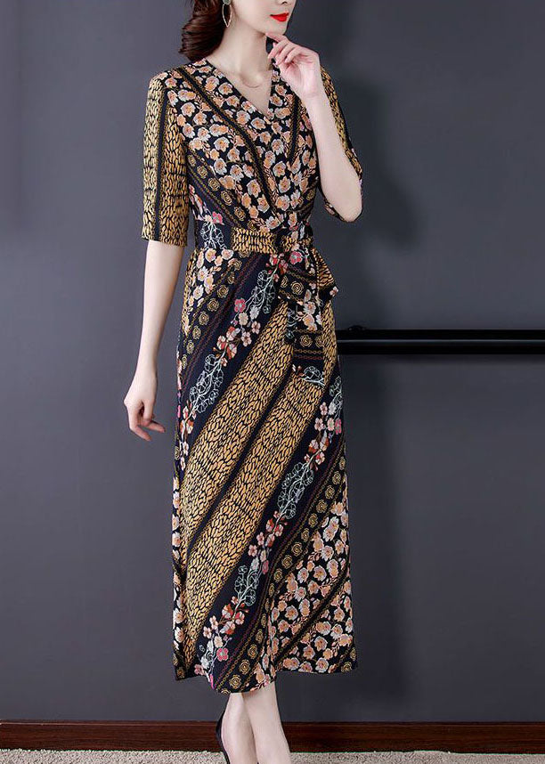 Slim Fit V Neck Cinched Print Chiffon Long Dress Summer