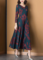 Slim Fit V Neck Print Exra Large Hem Silk Maxi Dress Long Sleeve