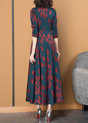 Slim Fit V Neck Print Exra Large Hem Silk Maxi Dress Long Sleeve