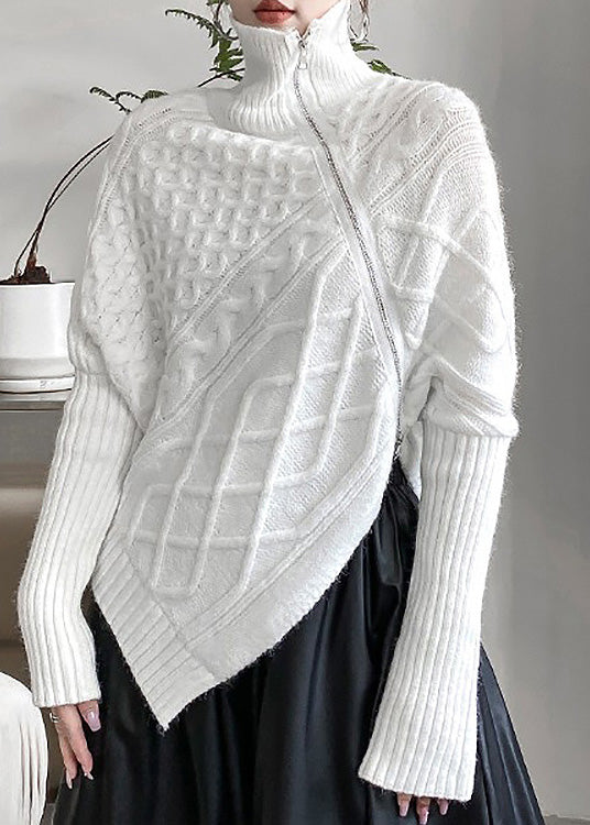 Slim Fit White Turtleneck Asymmetrical Zippered Cozy Thick Knit Sweater Winter