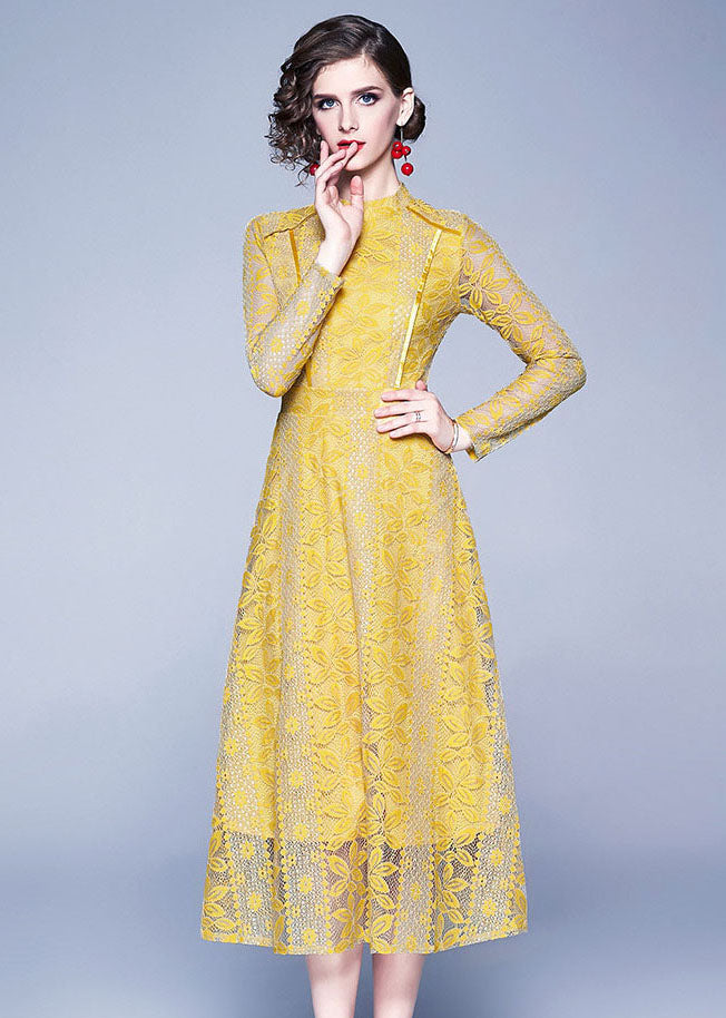 Slim Fit Yellow Stand Collar Hollow Out Patchwork Lace Long Dresses Fall