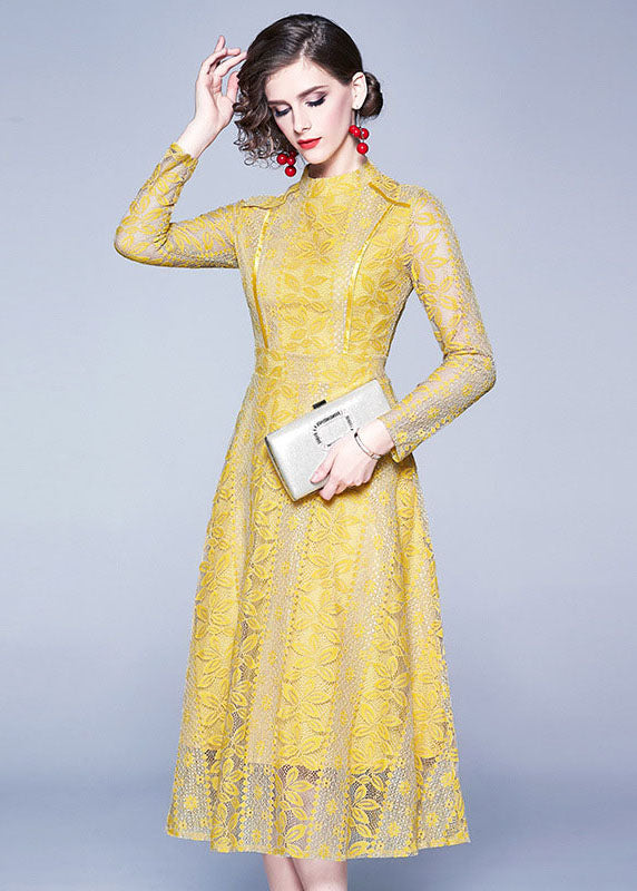 Slim Fit Yellow Stand Collar Hollow Out Patchwork Lace Long Dresses Fall