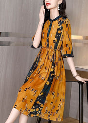 Slim Fit Yellow Stand Collar Print Silk Cinched Dress Half Sleeve