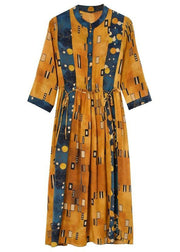 Slim Fit Yellow Stand Collar Print Silk Cinched Dress Half Sleeve