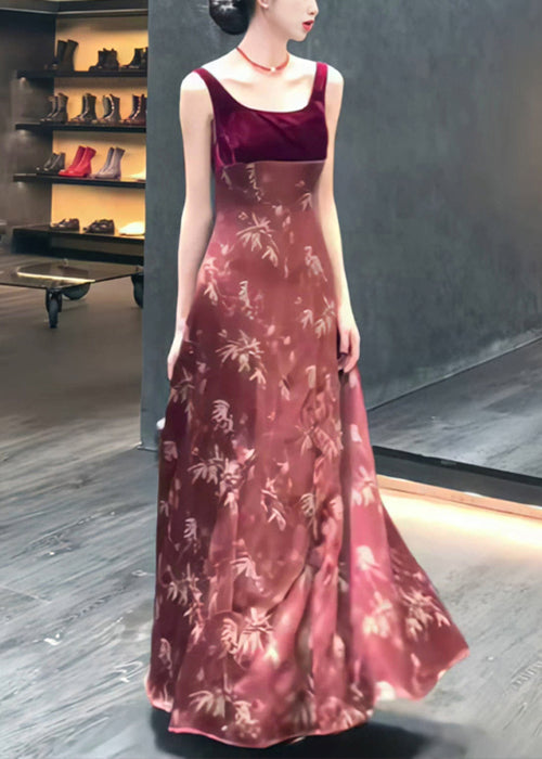 Slim Red Print High Waist Silk Long Dress Sleeveless