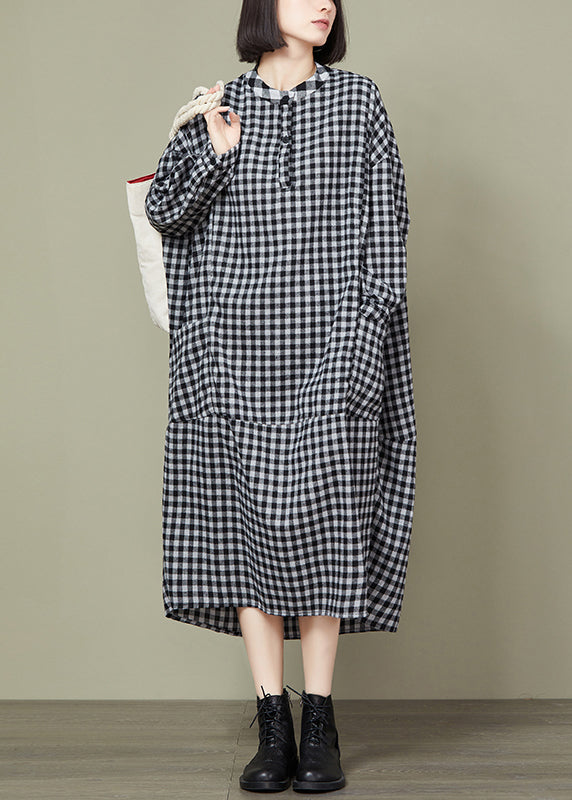 Small Plaid Button Loose Cotton Long Dress O Neck Long Sleeve