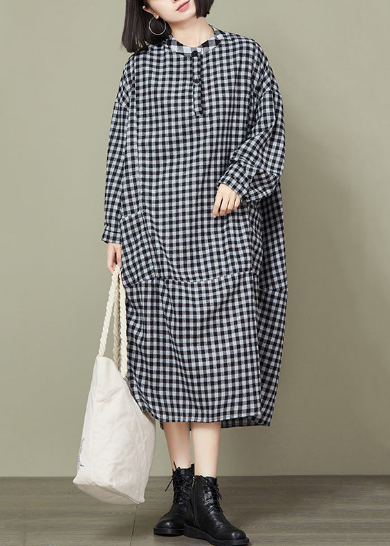 Small Plaid Button Loose Cotton Long Dress O Neck Long Sleeve