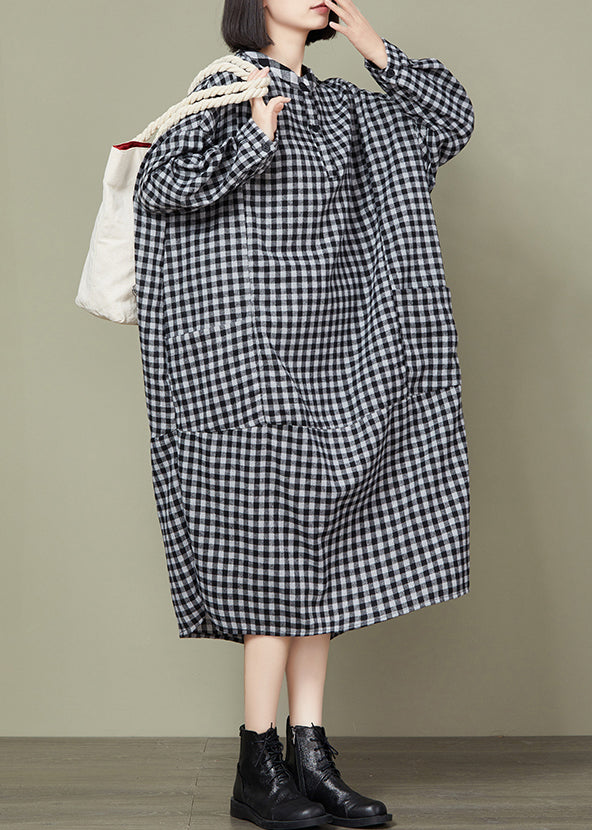 Small Plaid Button Loose Cotton Long Dress O Neck Long Sleeve