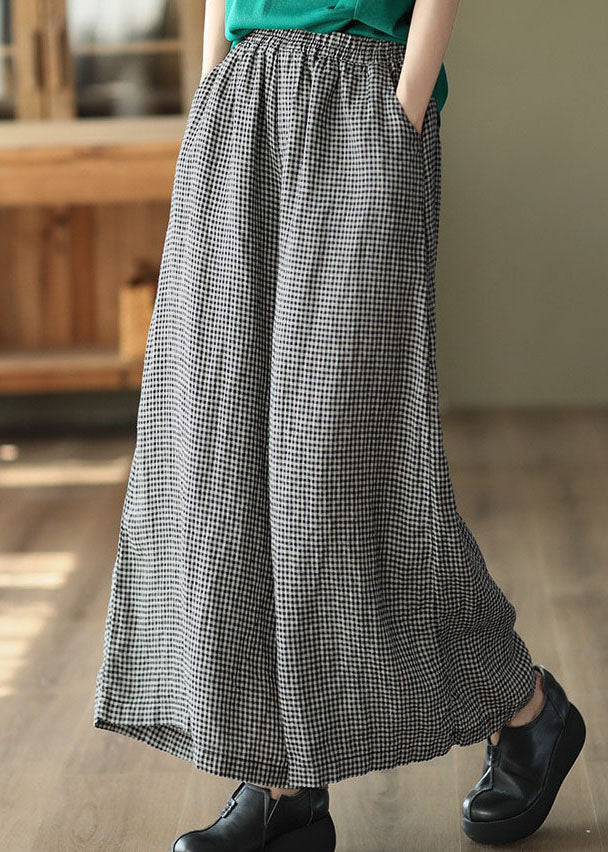 Small Plaid Pockets Patchwork Casual Linen Wide Leg Pants Summer