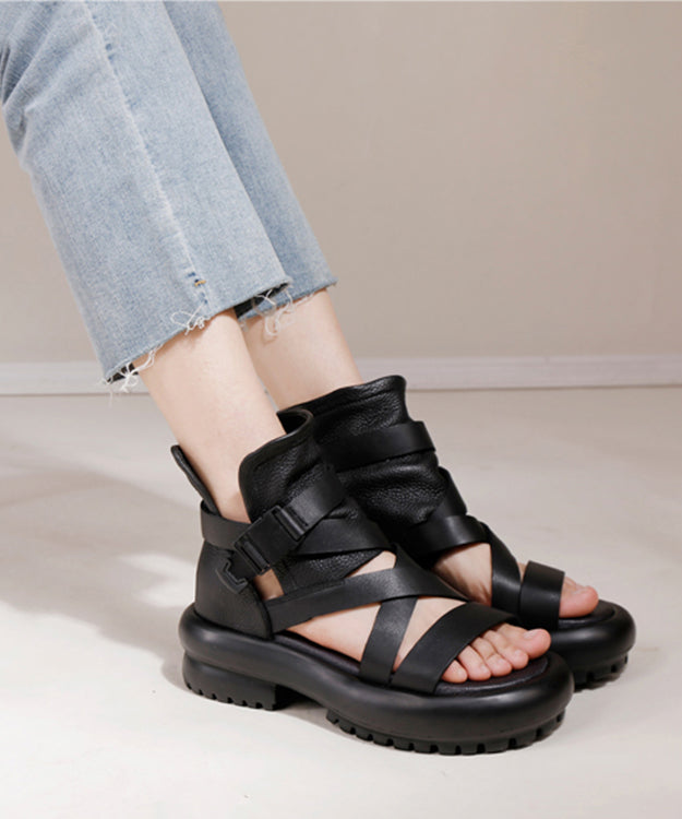 Soft Black Chunky Cowhide Leather Cross Strap Sandals