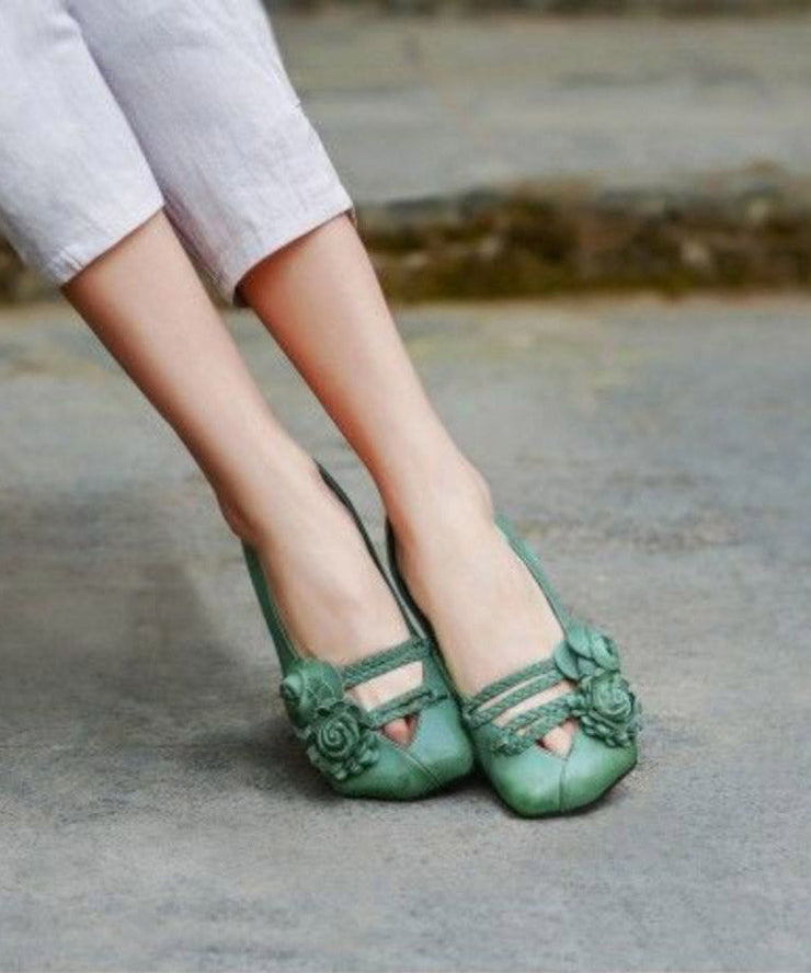 Soft Green Flower Cross Strap Leather Flat Shoes