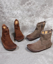 Soft Grey Zippered Boots Cowhide Leather Elegant Cross Strap Boots