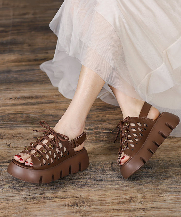 Soft Khaki Cowhide Leather Splicing Platform Flat Sandals