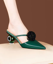 Soft Pointed Toe Chunky Green Floral Satin Upper Slide Sandals